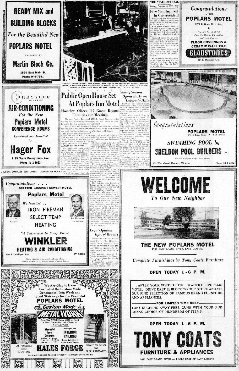 Poplars Motel (Clarion Pointe East, Inn America) - Lansing State Journal Sun Oct 11 1959